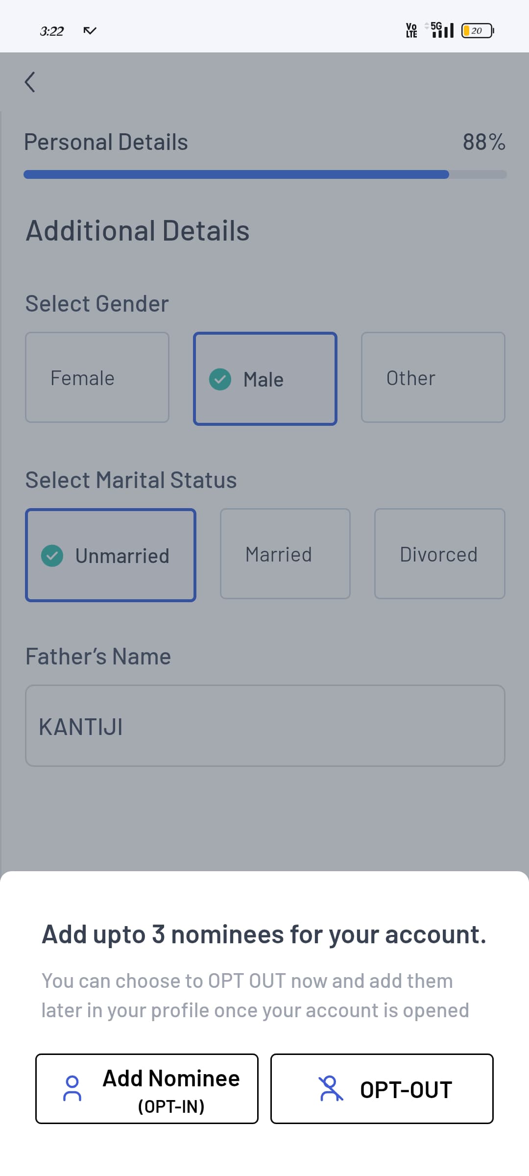 Step 6: Additional information and nominee details form screenshot